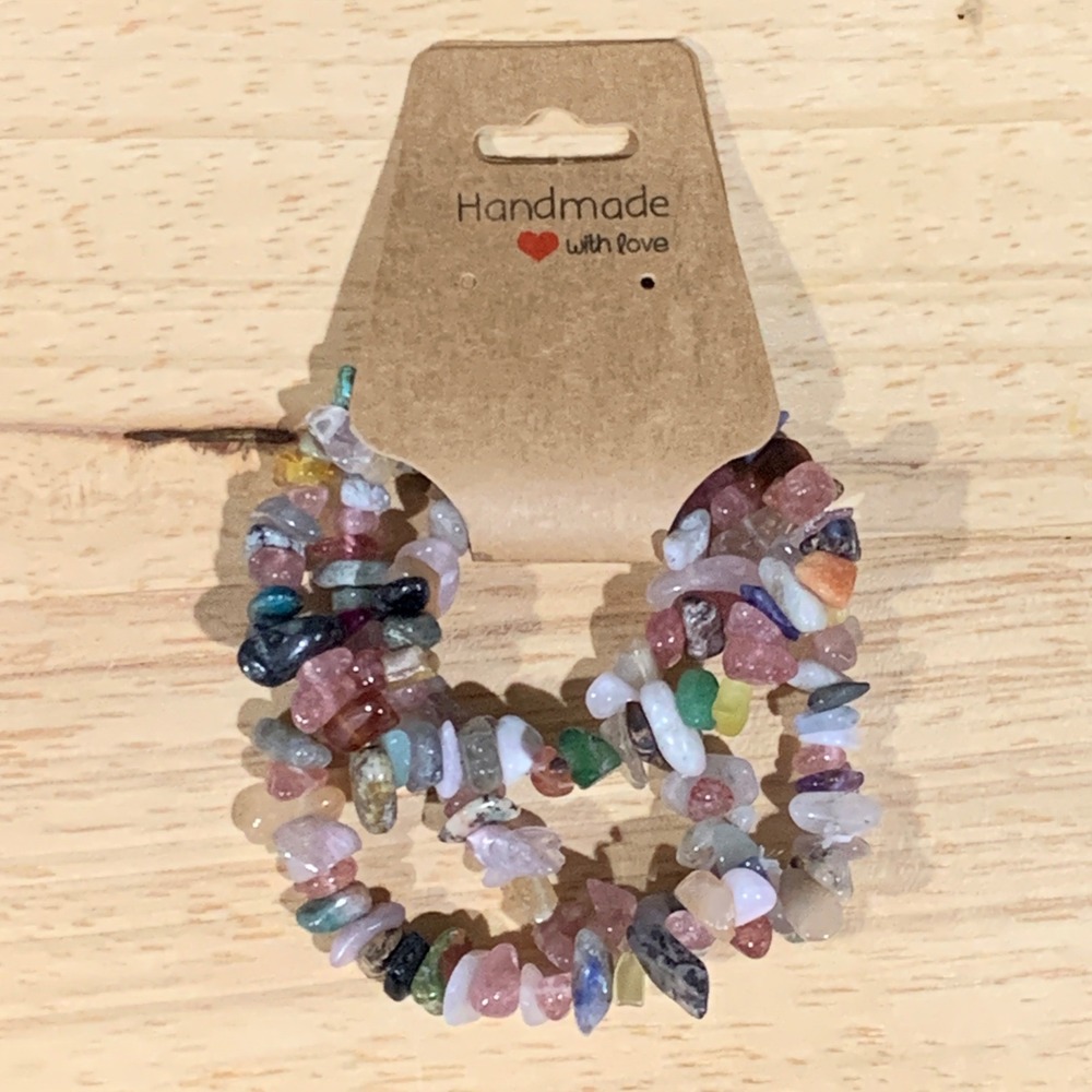 Handmade Gemstone Chip Bracelet Women OS Multicolor Boho Crystal Stack 3pc Set